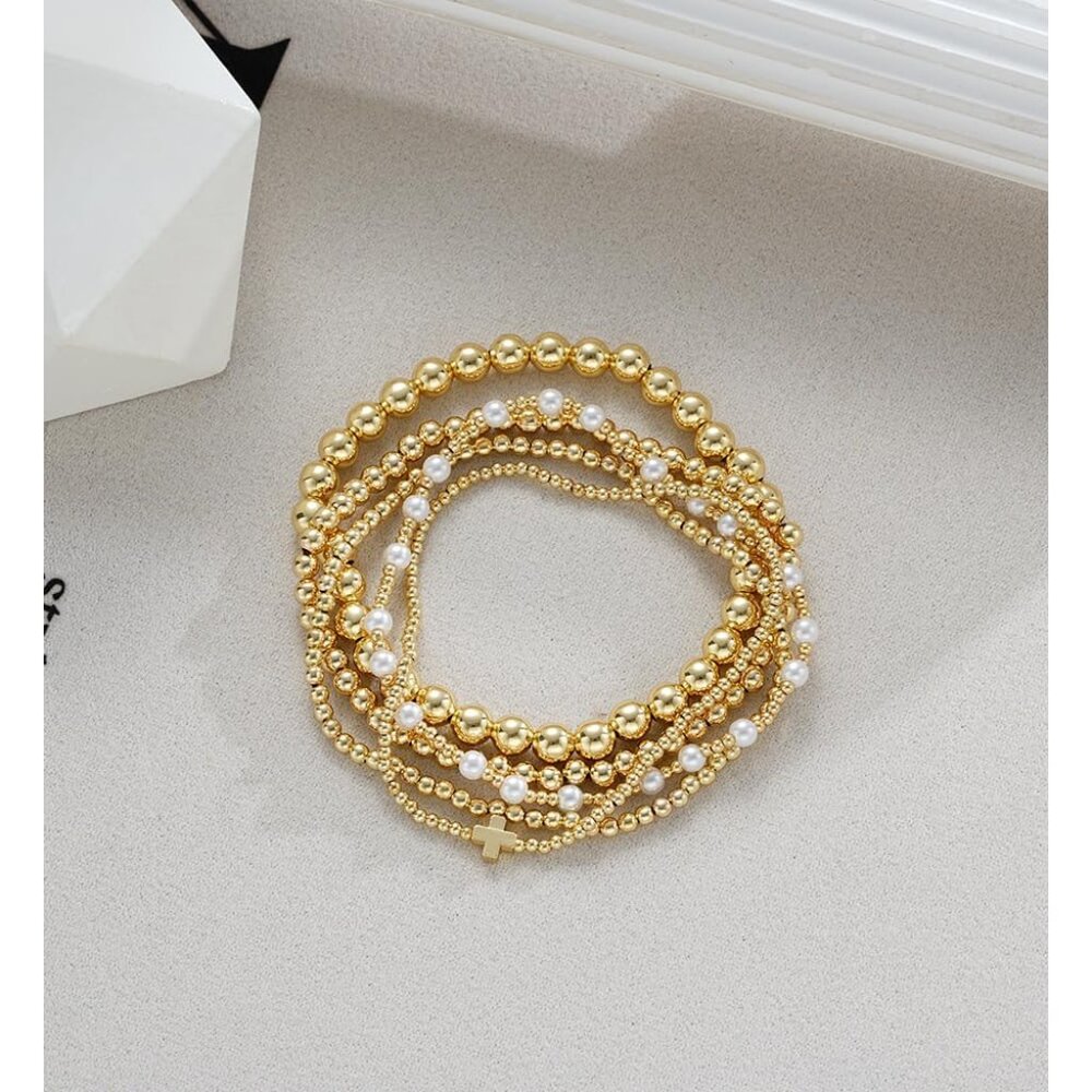 Gold Beaded Stackable Bracelets Set, Trendy 14k G… - image 8